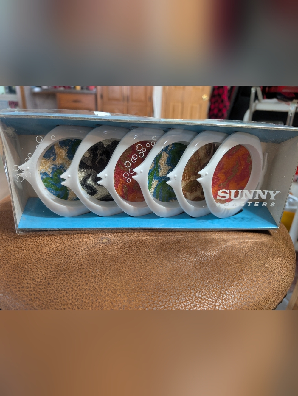 Vintage Sunny Coasters: White Fish-Shaped Coasters with Multicolor Inserts